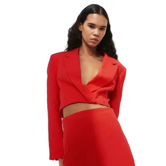 Zara Coral Red Linen Blend Cropped Blazer Jacket | Size S | Tomato Girl - Picture 1 of 9